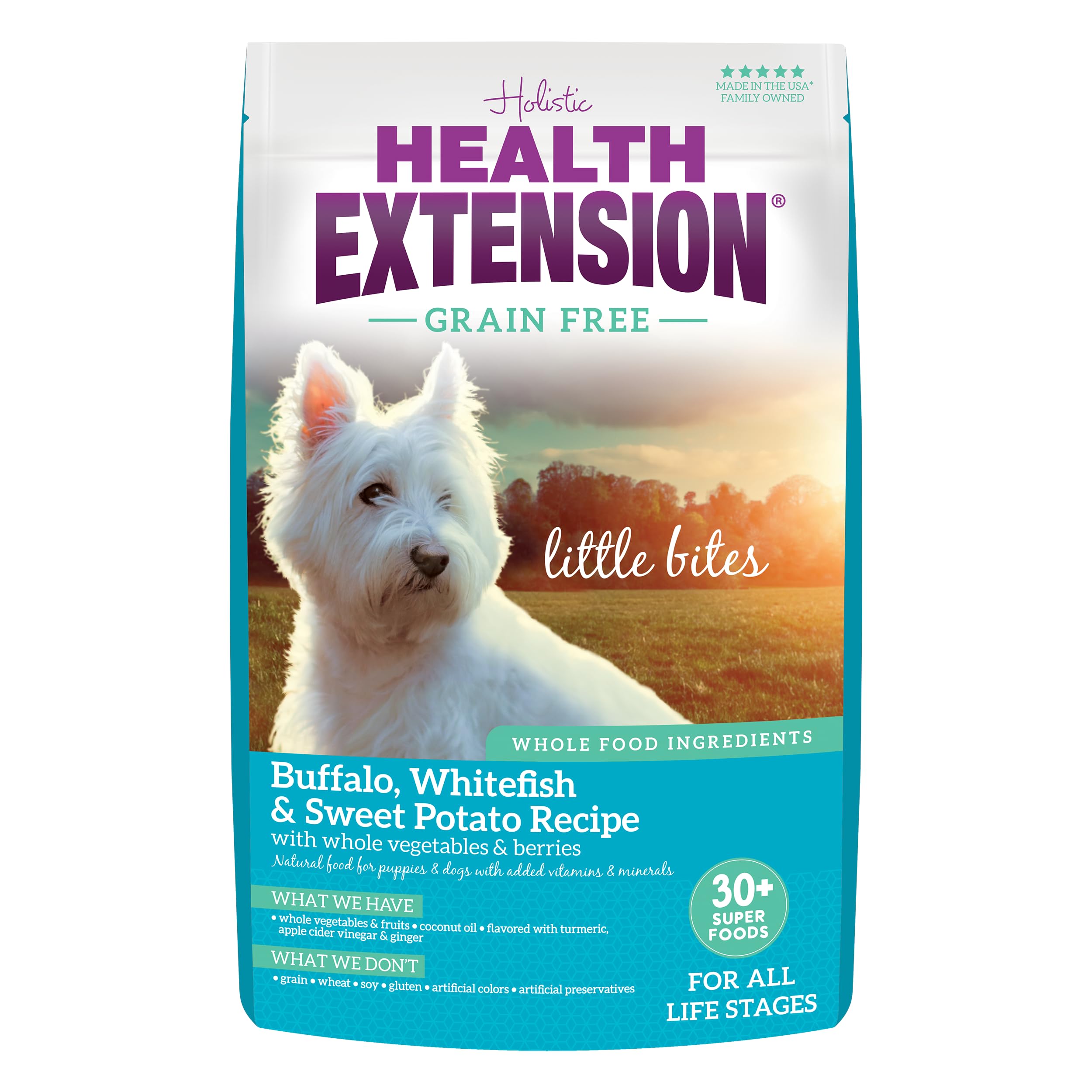 Health Extension packaging grain-free buffalo-whitefish little bites highlights premium small-breed nutrition.