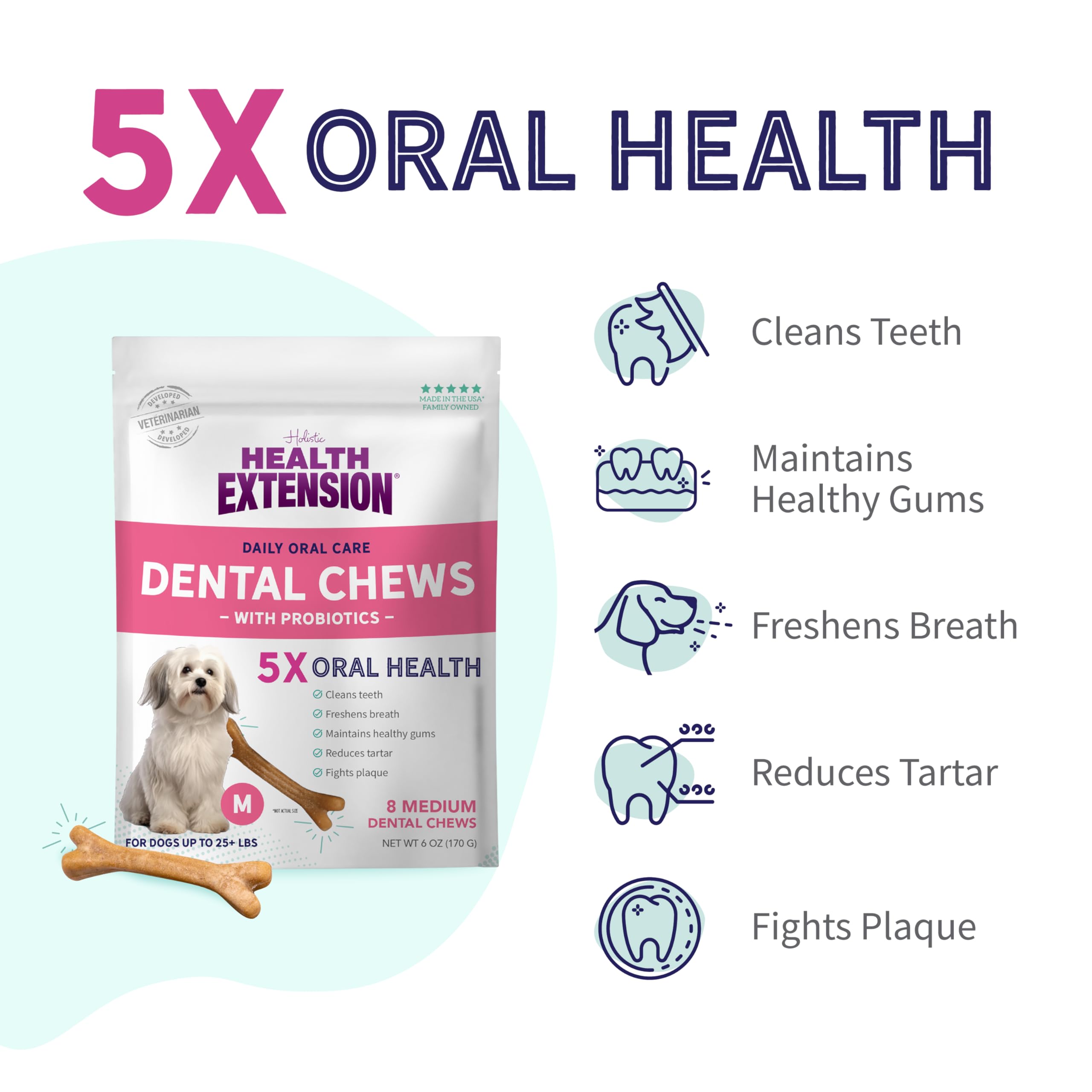 Health Extension Probiotic Dental Bones pack4-pack-shot emphasizes eight medium bones for dogs.