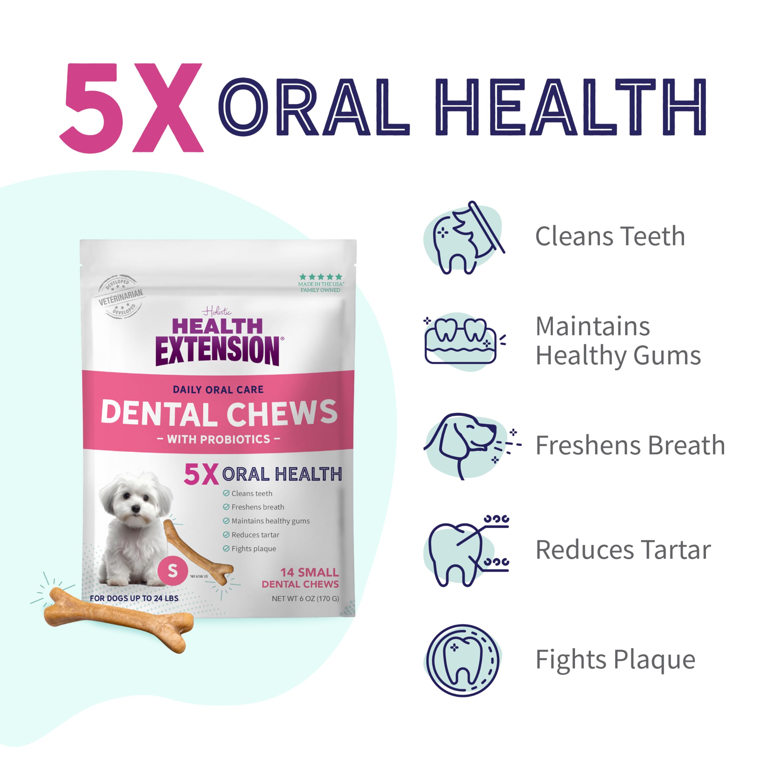 Health Extension Probiotic Dental Bones parsley breath infusion for fresher dog breath.