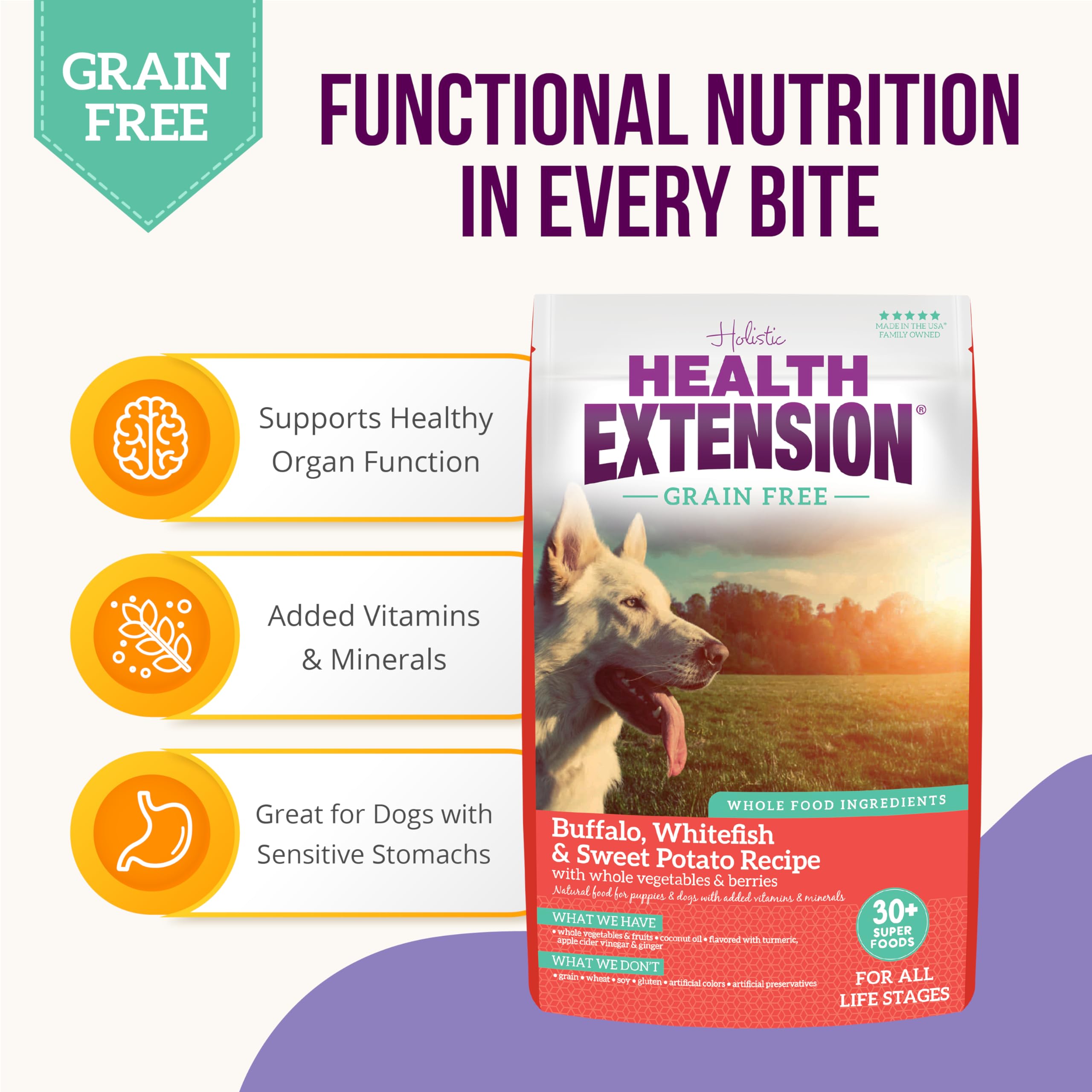 Health Extension probiotics-prebiotics illustration emphasizes gut-friendly support