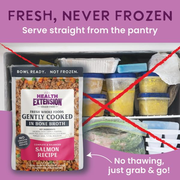Health Extension shelf-stable dog food pouch opened for quick serving on busy days