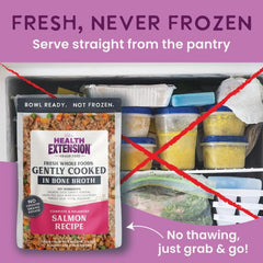 Health Extension shelf-stable dog food pouch opened for quick serving on busy days