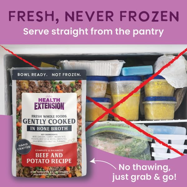 Health Extension shelf-stable dog food pouch demonstrates easy meals on the go.