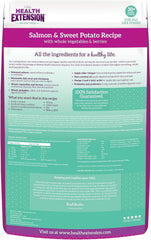Health Extension sweet potato kibble closeup highlights easy-to-digest energy for all life stages.