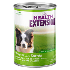 Health Extension Vegetarian Entrée can closeup shows label and quality ingredients.