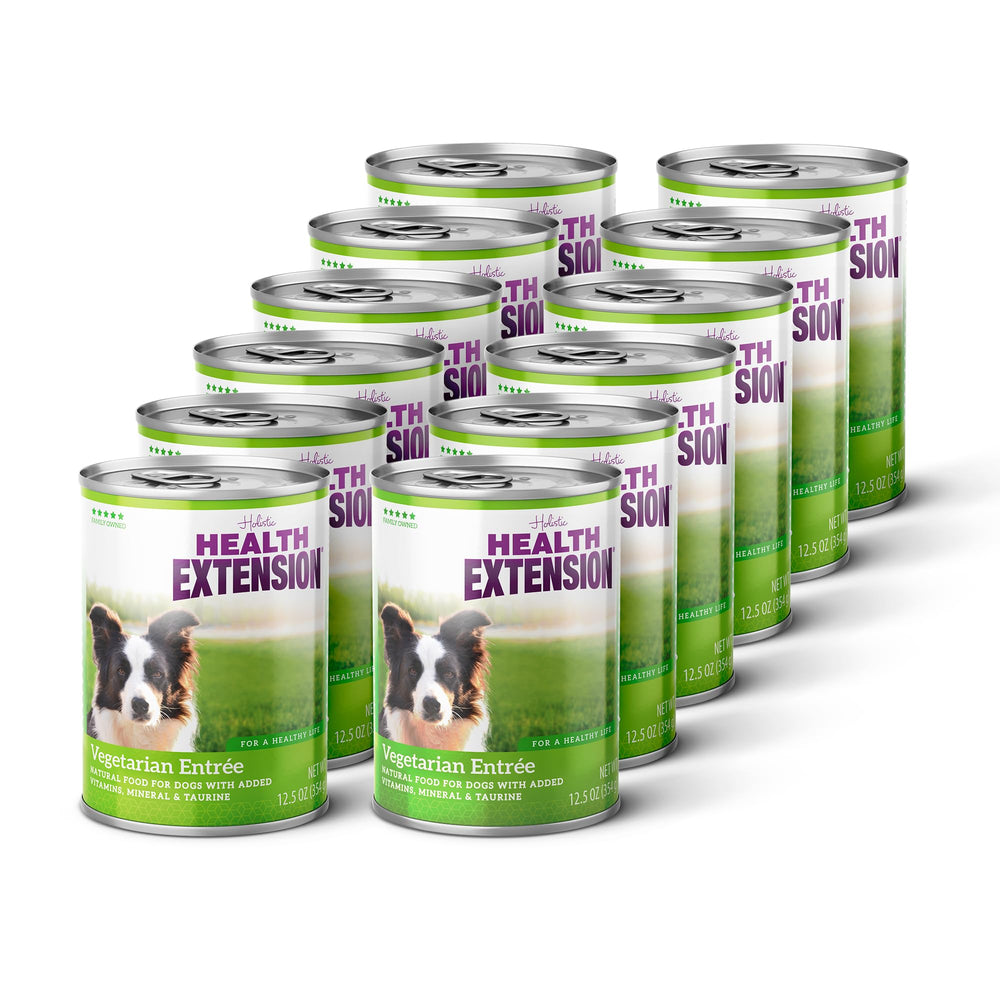 Health Extension Vegetarian Entrée case of cans highlights hydration-friendly wet food.
