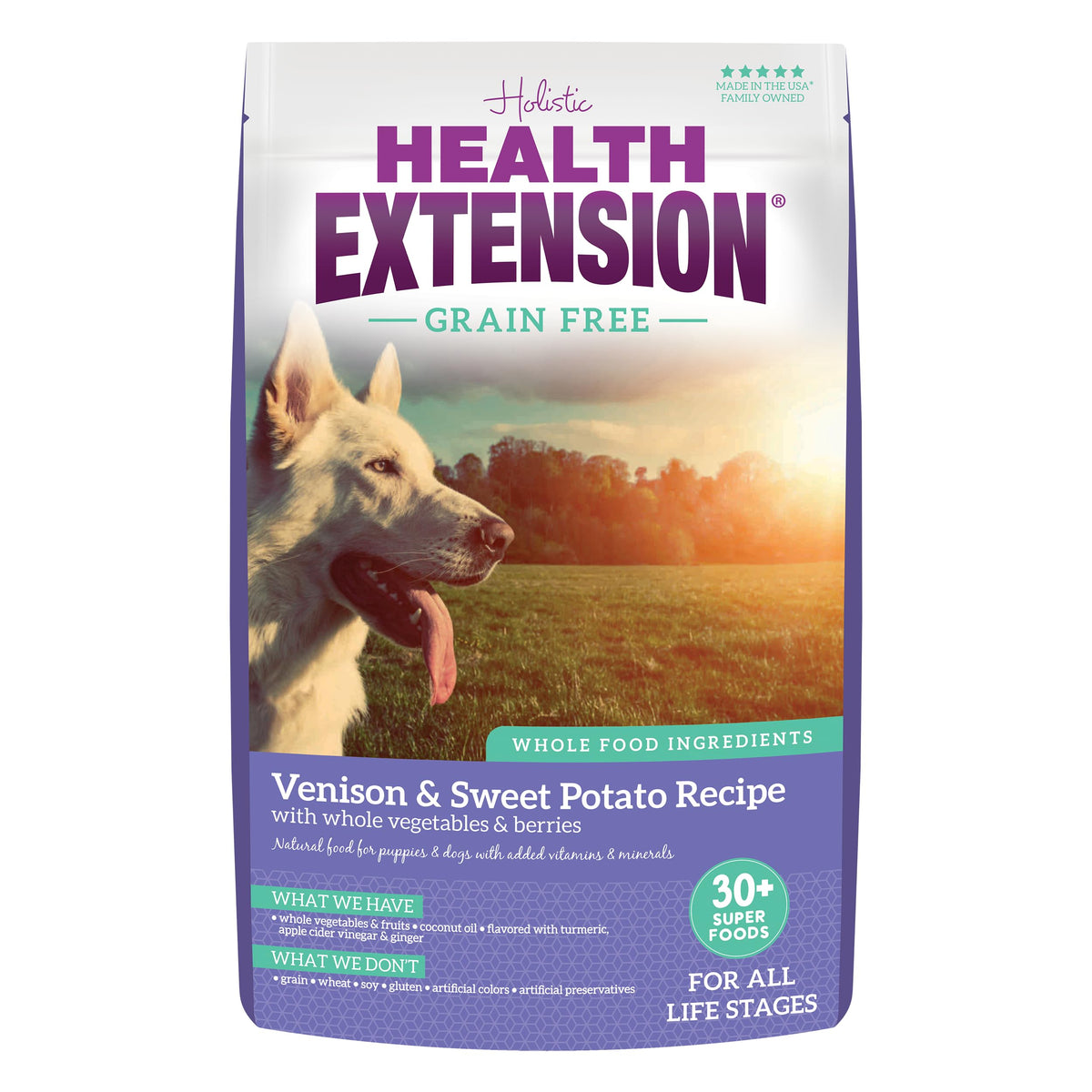Health Extension venison dog food bag closeup showing grain-free protein source for sensitive stomach support