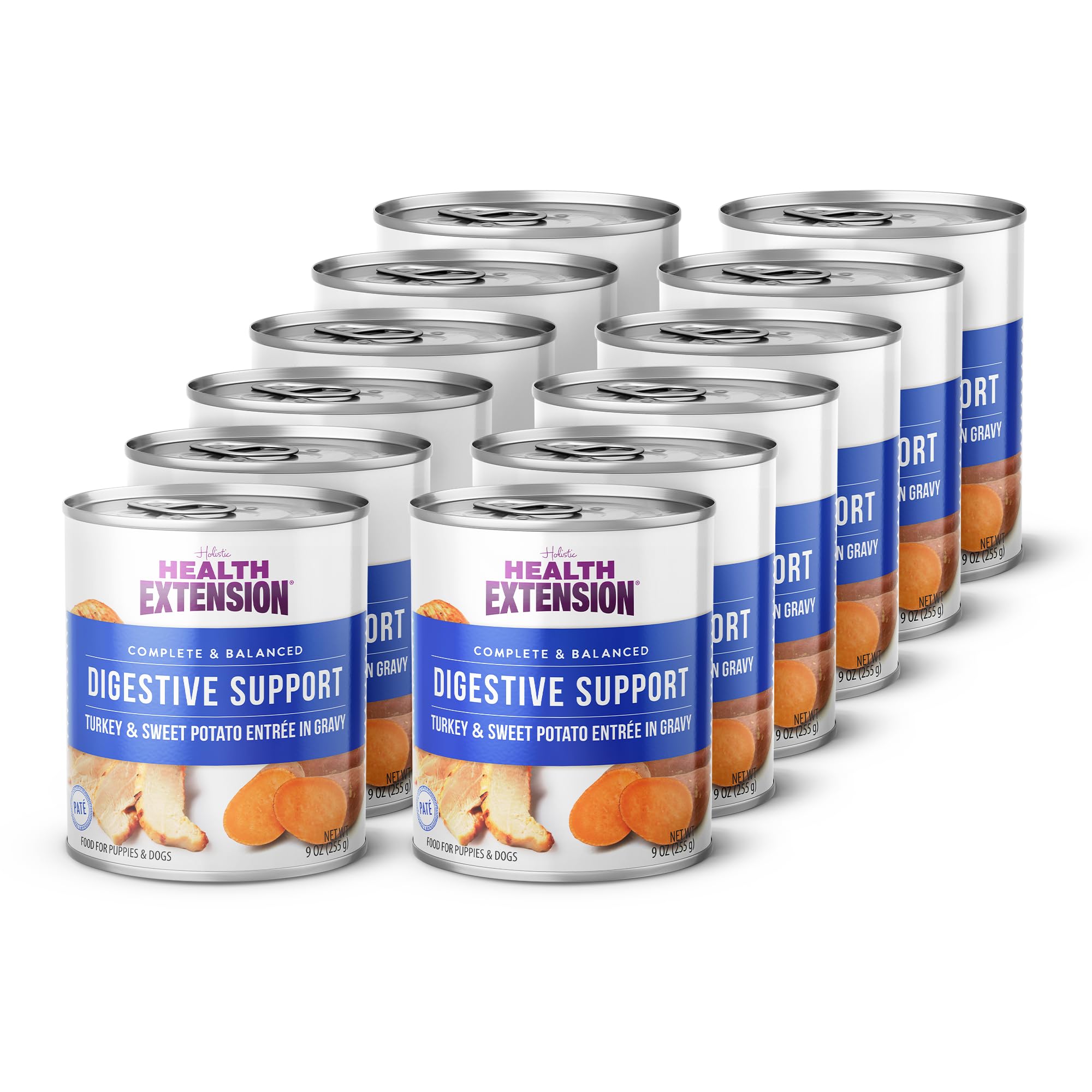 Health Extension wet dog food packaging featuring turkey and sweet potato for balanced nutrition.