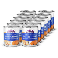 Health Extension wet dog food packaging featuring turkey and sweet potato for balanced nutrition.