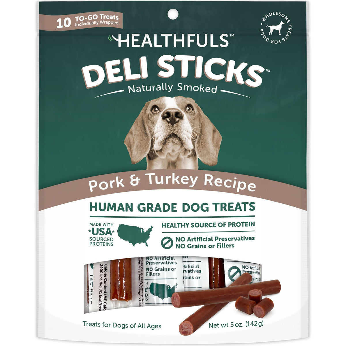 HEALTHFULS Deli Sticks bag front with premium pork and turkey treats for dogs.