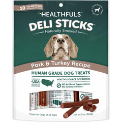 HEALTHFULS Deli Sticks bag front with premium pork and turkey treats for dogs.