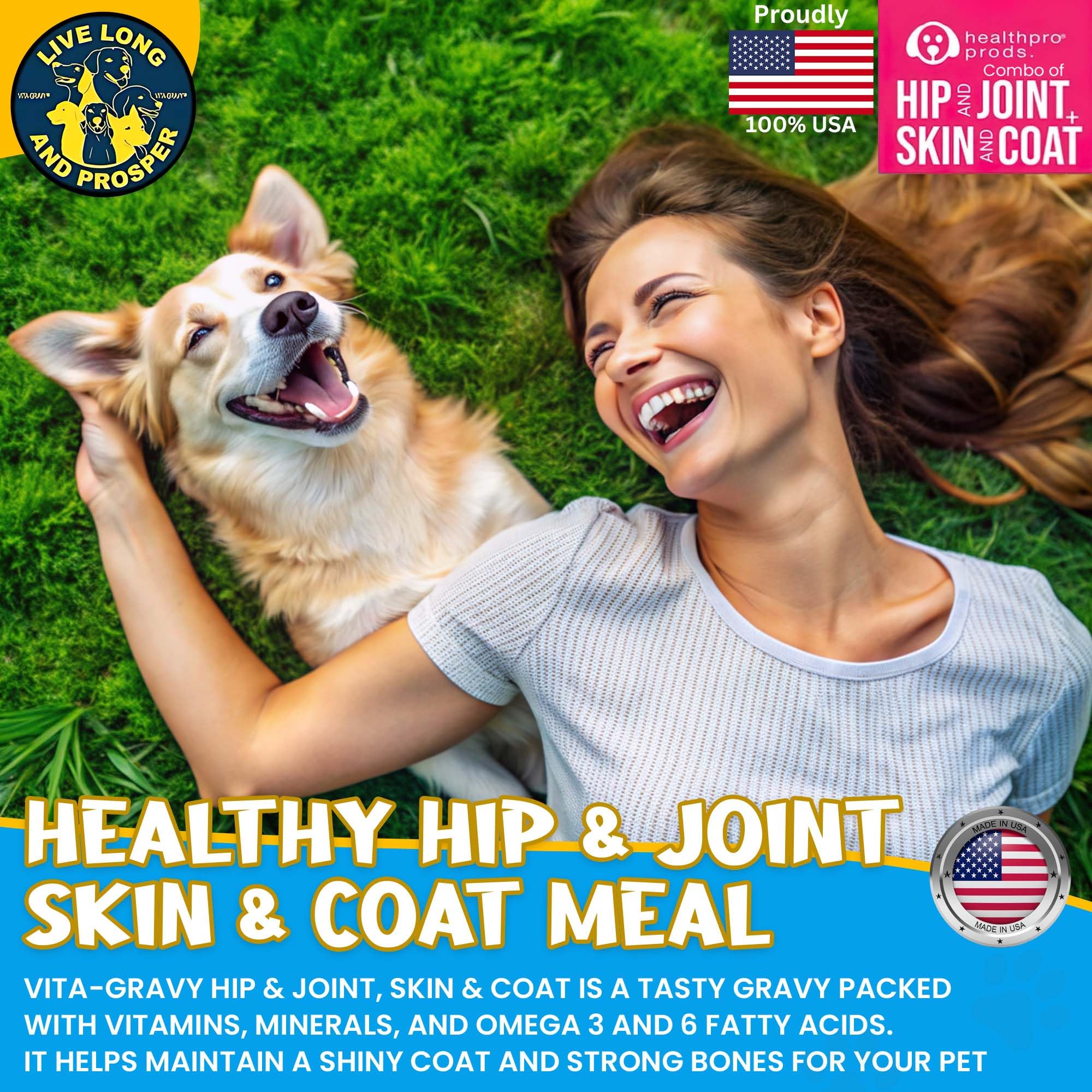 Healthpro Prods VitaGravy dog enjoying meal: versatile topper with flavor.