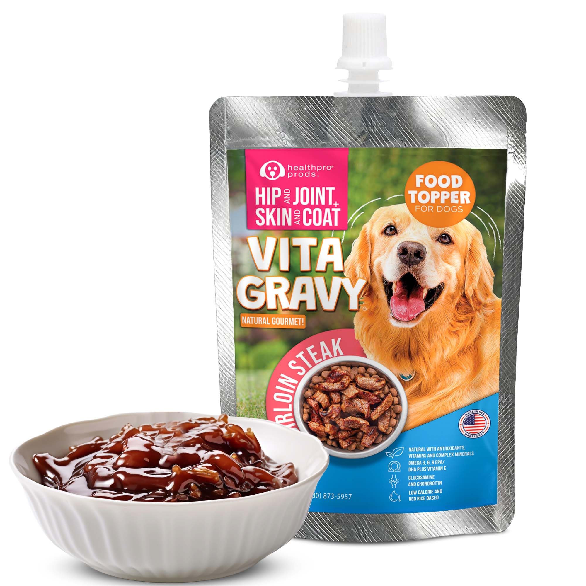 Healthpro Prods VitaGravy sirloin purée close-up: real beef flavor boosts kibble appeal.