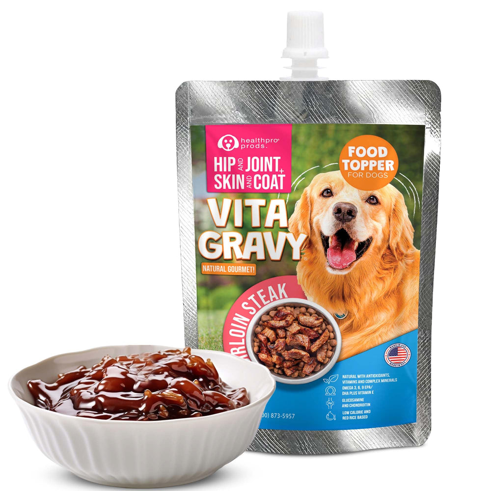Healthpro Prods VitaGravy sirloin purée close-up: real beef flavor boosts kibble appeal.