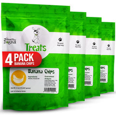 Healthy Dogma Banana Chips Treats 4-pack display ideal for training rewards.
