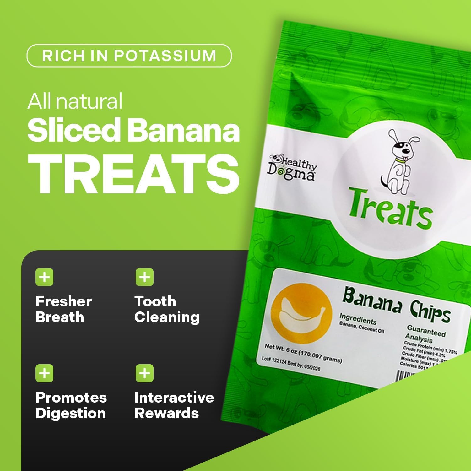 Close-up of Healthy Dogma banana chips highlighting natural ingredients and flavor.
