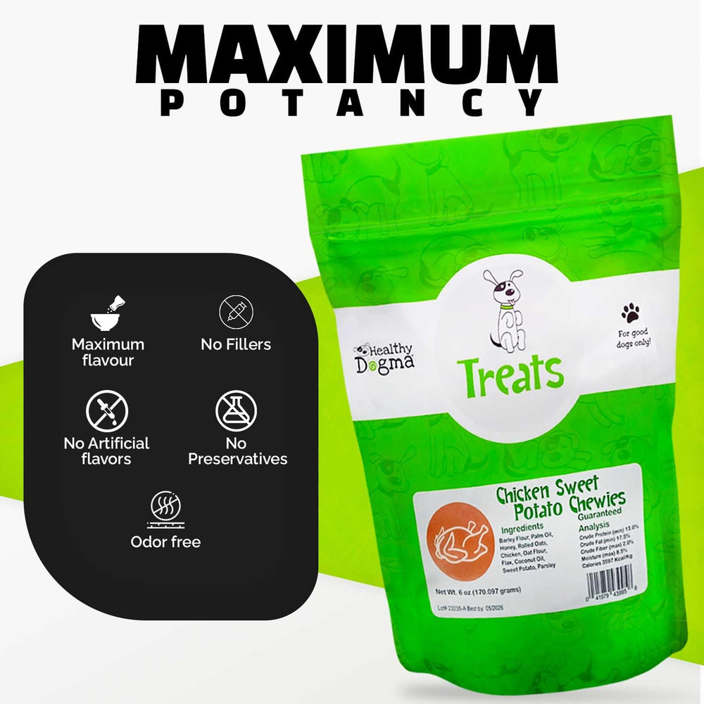 Healthy Dogma chicken piece close-up emphasizing real protein source for muscles.