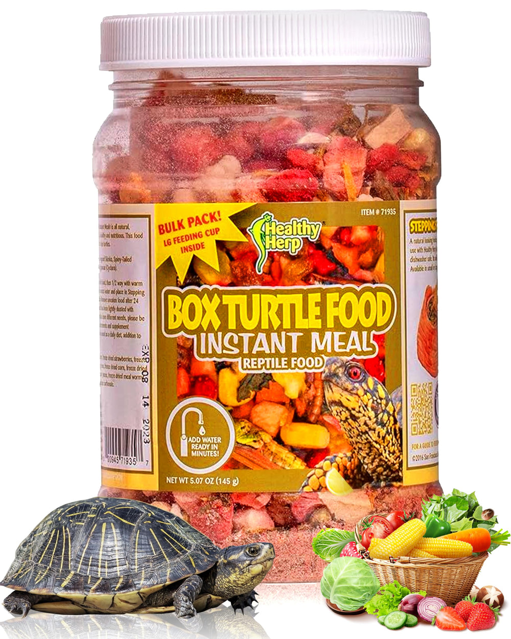 Healthy Herp Box Turtle Food packaging highlights USA-made formula for reptiles.