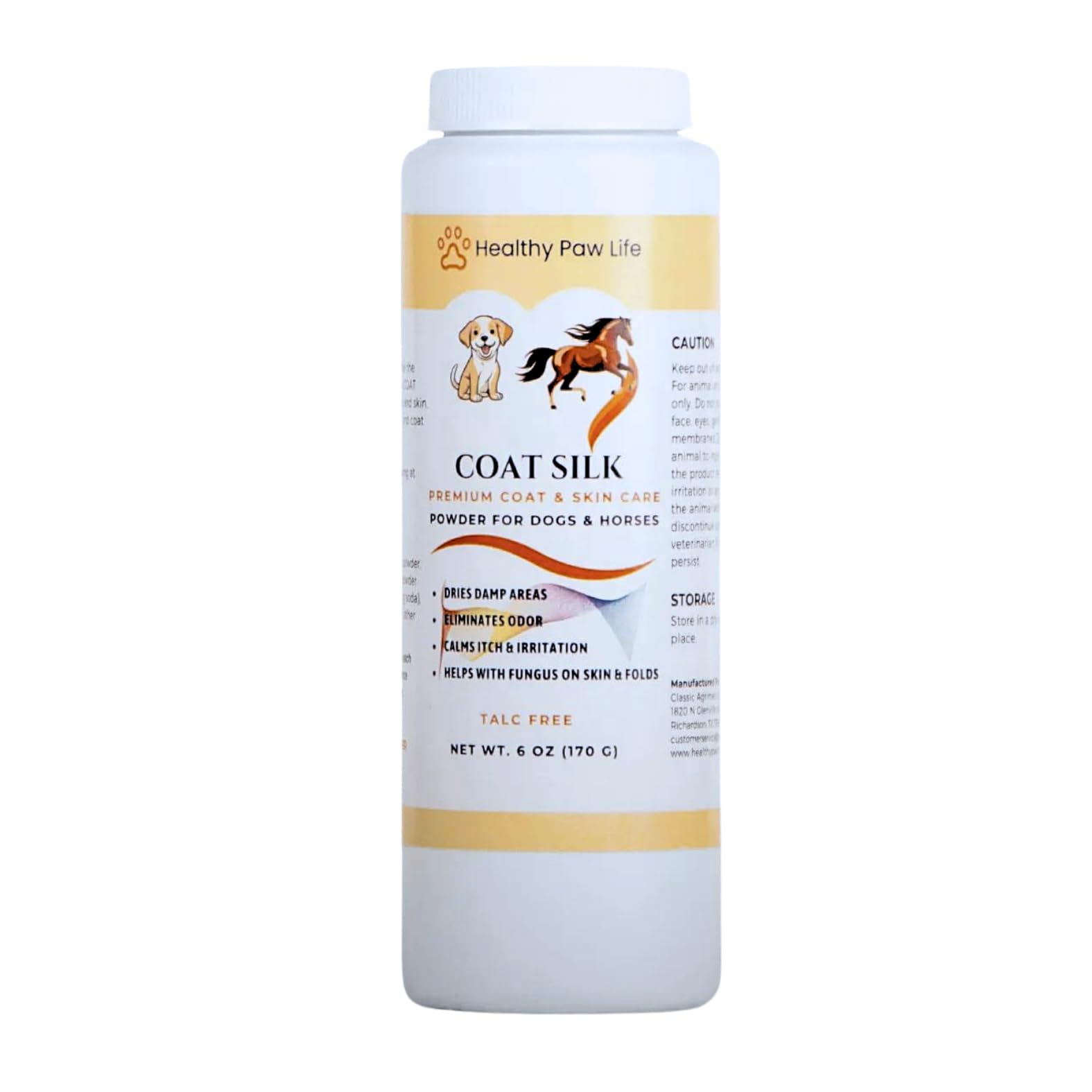 Healthy Paw Life Coat Silk powder bottle demonstrates talc-free formula for odor control.