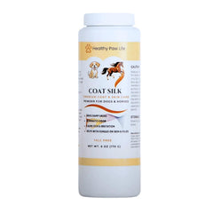 Healthy Paw Life Coat Silk powder bottle demonstrates talc-free formula for odor control.