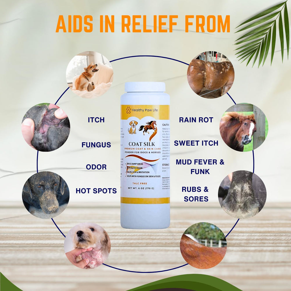 Healthy Paw Life Coat Silk is sprinkled on a dog's coat for quick moisture removal.