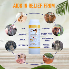 Healthy Paw Life Coat Silk is sprinkled on a dog's coat for quick moisture removal.