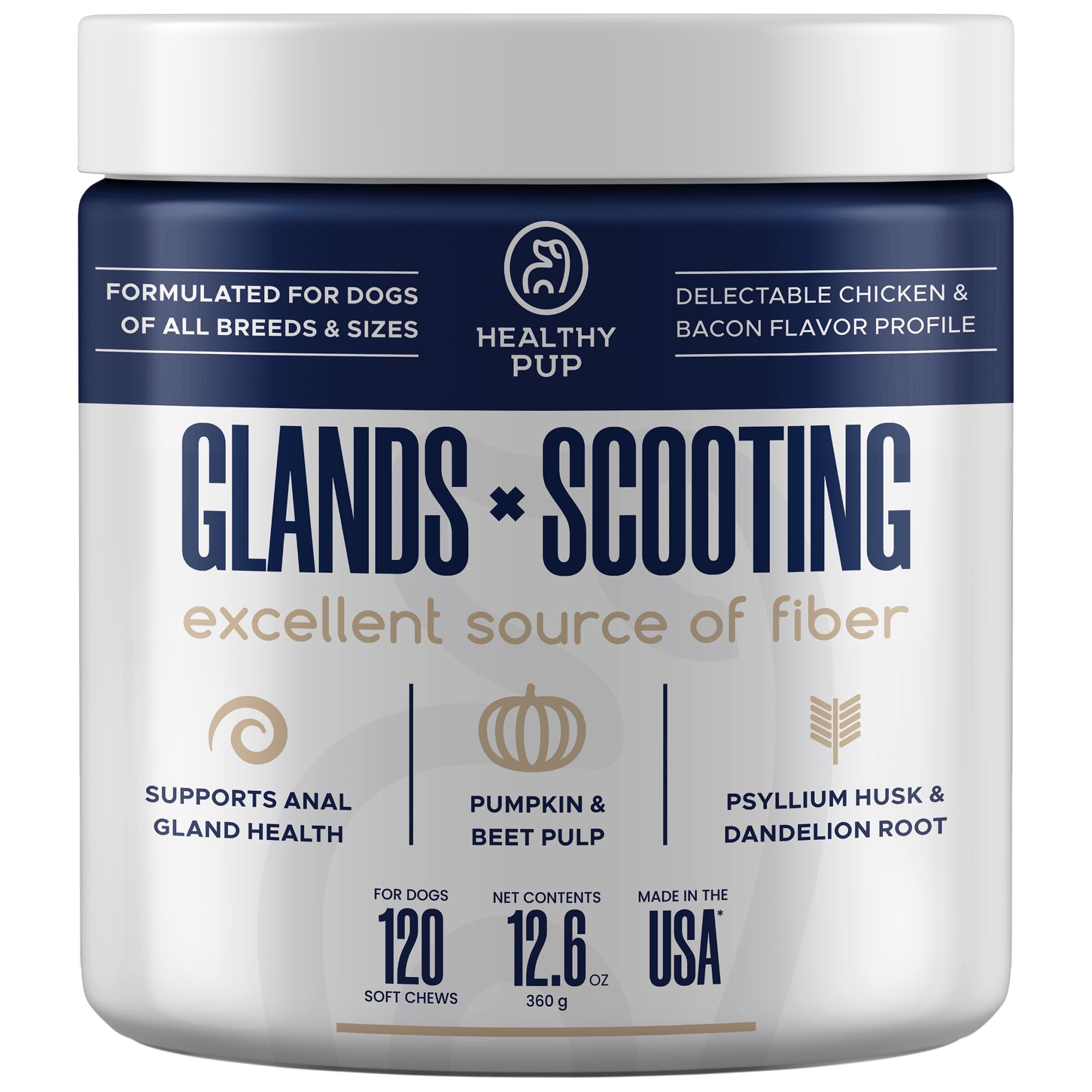 Healthy Pup glands bowel-support bottle label showing dosage and key benefits