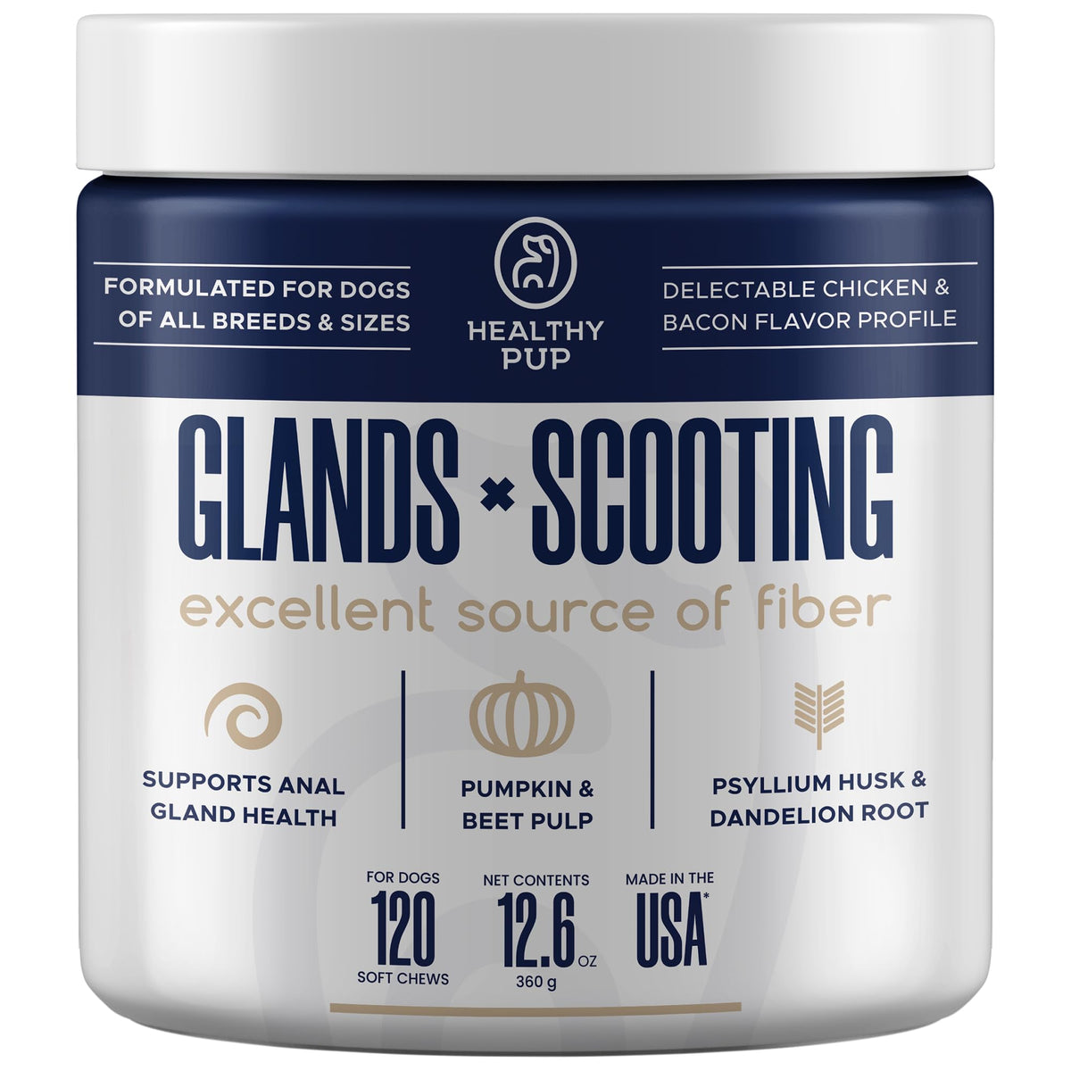 Healthy Pup glands bowel-support bottle label showing dosage and key benefits