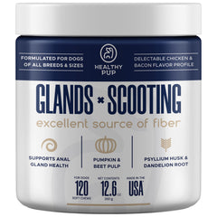 Healthy Pup glands bowel-support bottle label showing dosage and key benefits