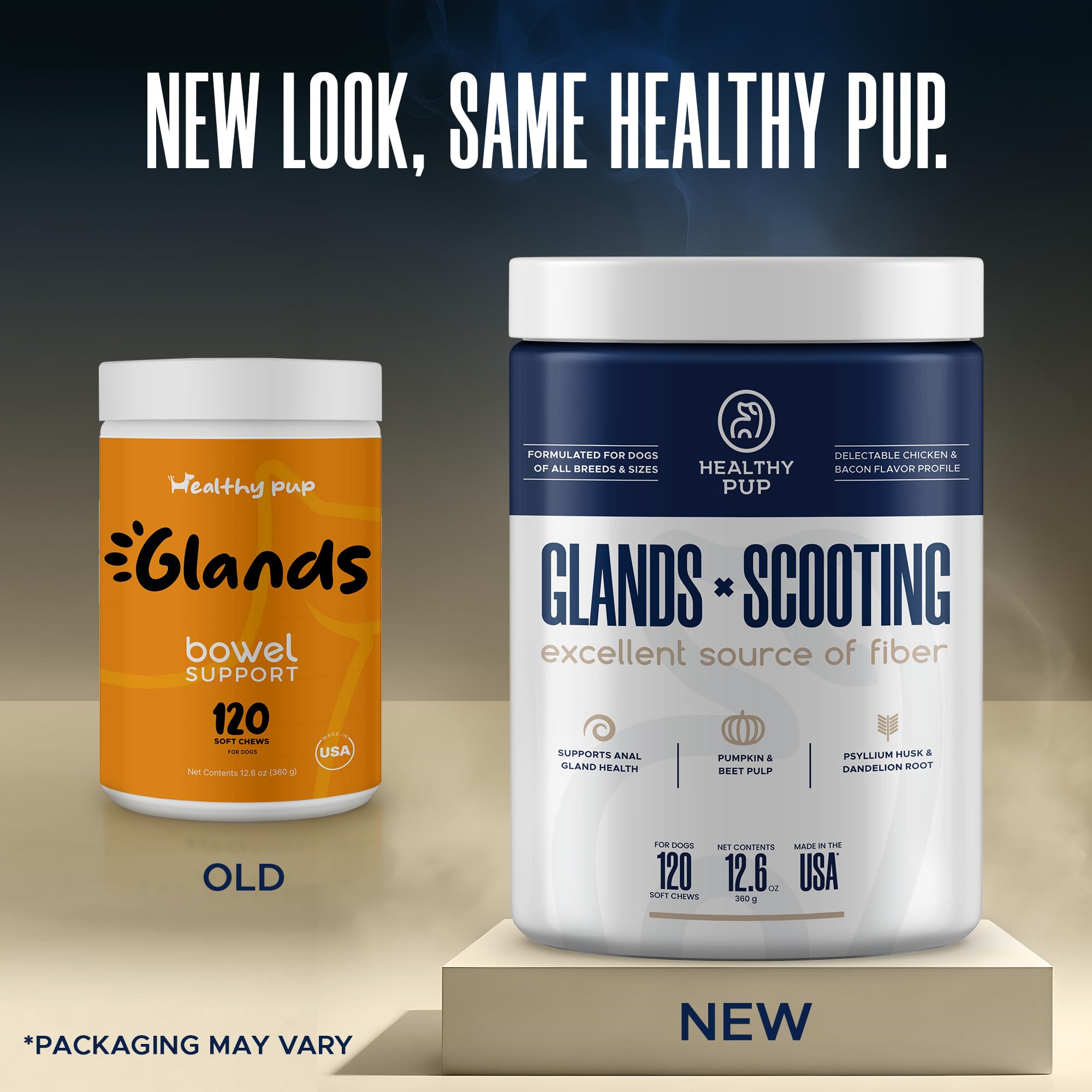 Healthy Pup glands bowel-support soft chews close-up with dog treats appeal