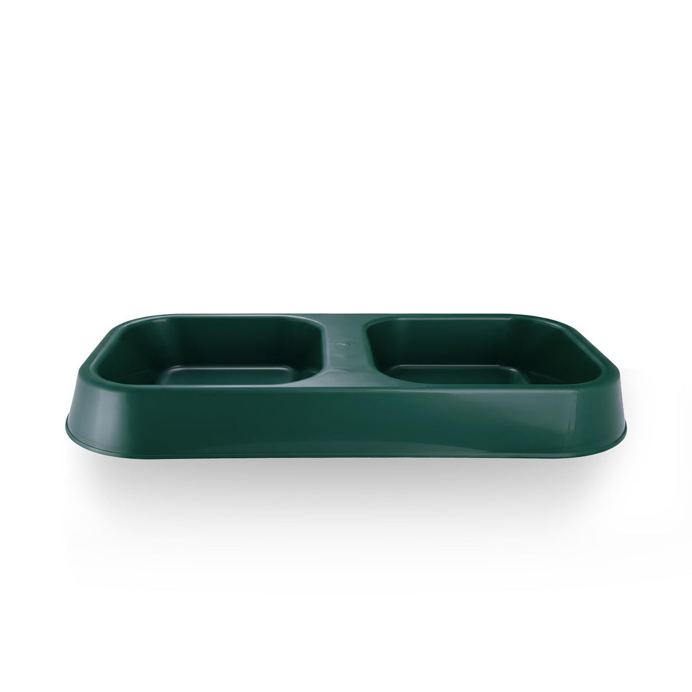 Healthy Surplus double-dish feeder green small bowl closeup shows separate food and water for tidy meals.