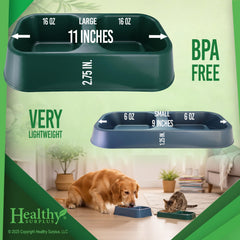 Healthy Surplus dual-compartment feeder shown indoors for tidy meals and easy access.