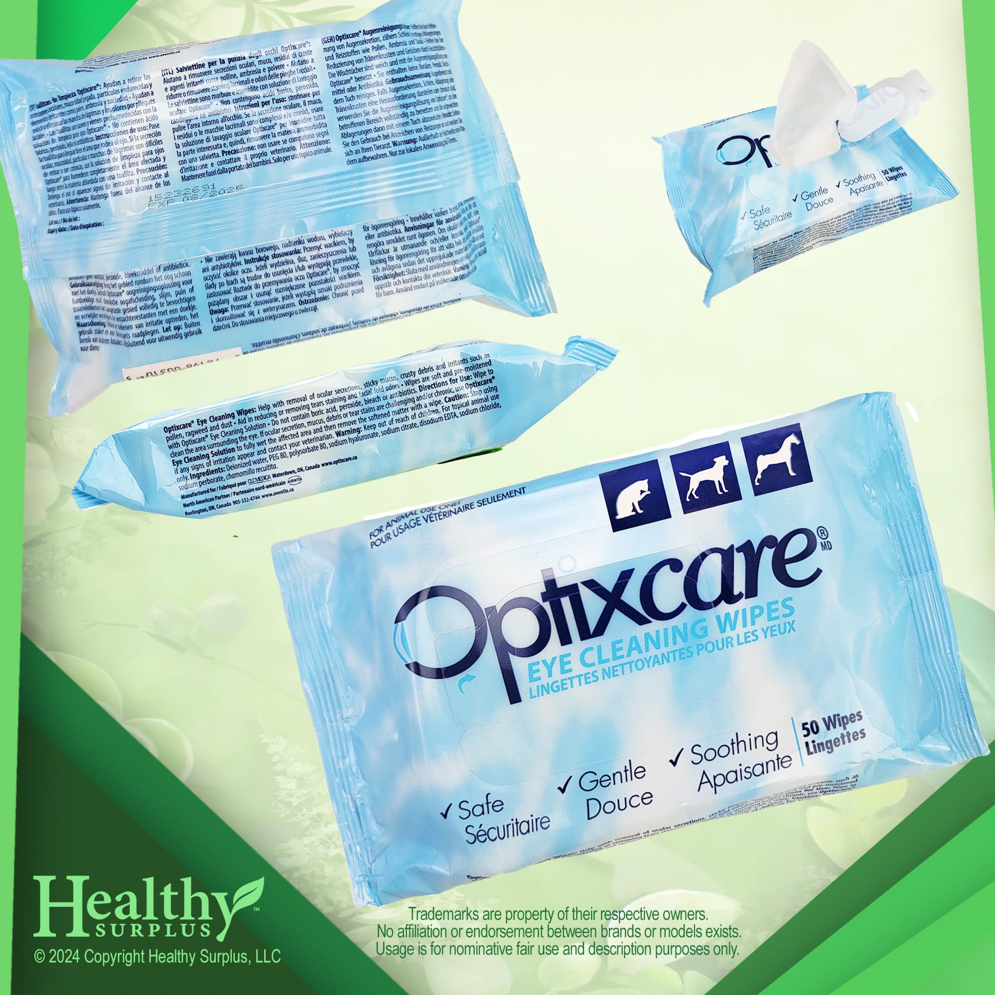 Healthy Surplus Optixcare eye cleaning wipes being applied to a pet's eye area
