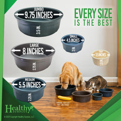 Healthy Surplus Pet Crock Bowl blue top view emphasizing chew-resistant durability during daily meals.