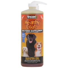 Healthy Coat dog supplement bottle highlights omega-rich formula for healthier skin and coat