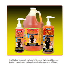Healthy Coat dog supplement label emphasizing bacon flavor and natural ingredients for easy daily feeding