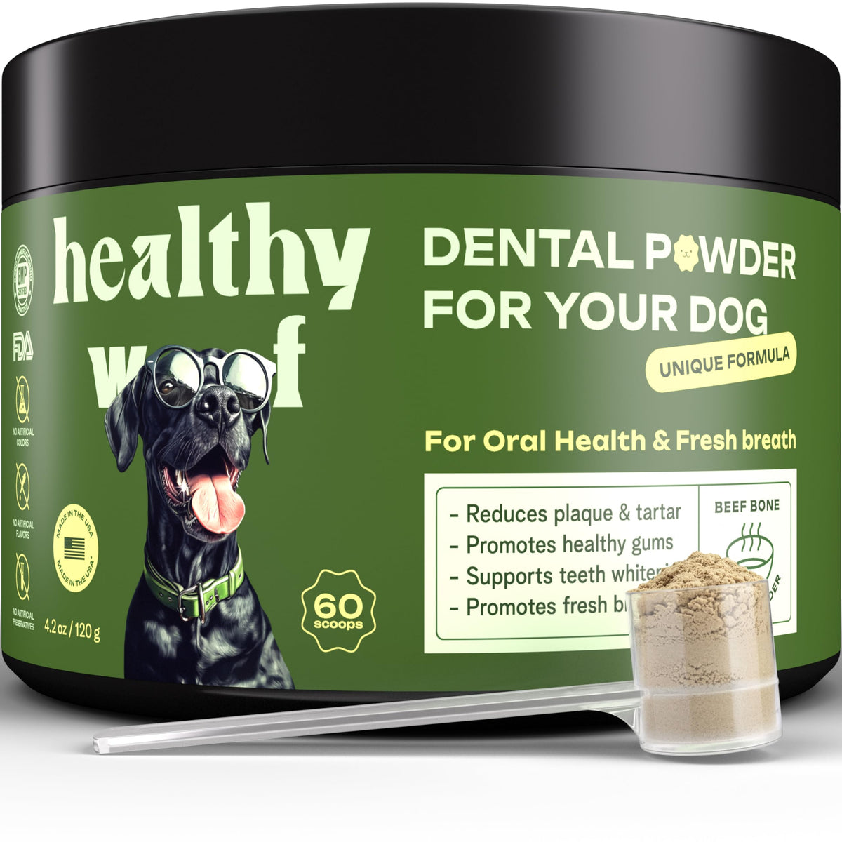 Healthy Woof dental powder bottle showing at-home oral care with gentle stomach-friendly formula