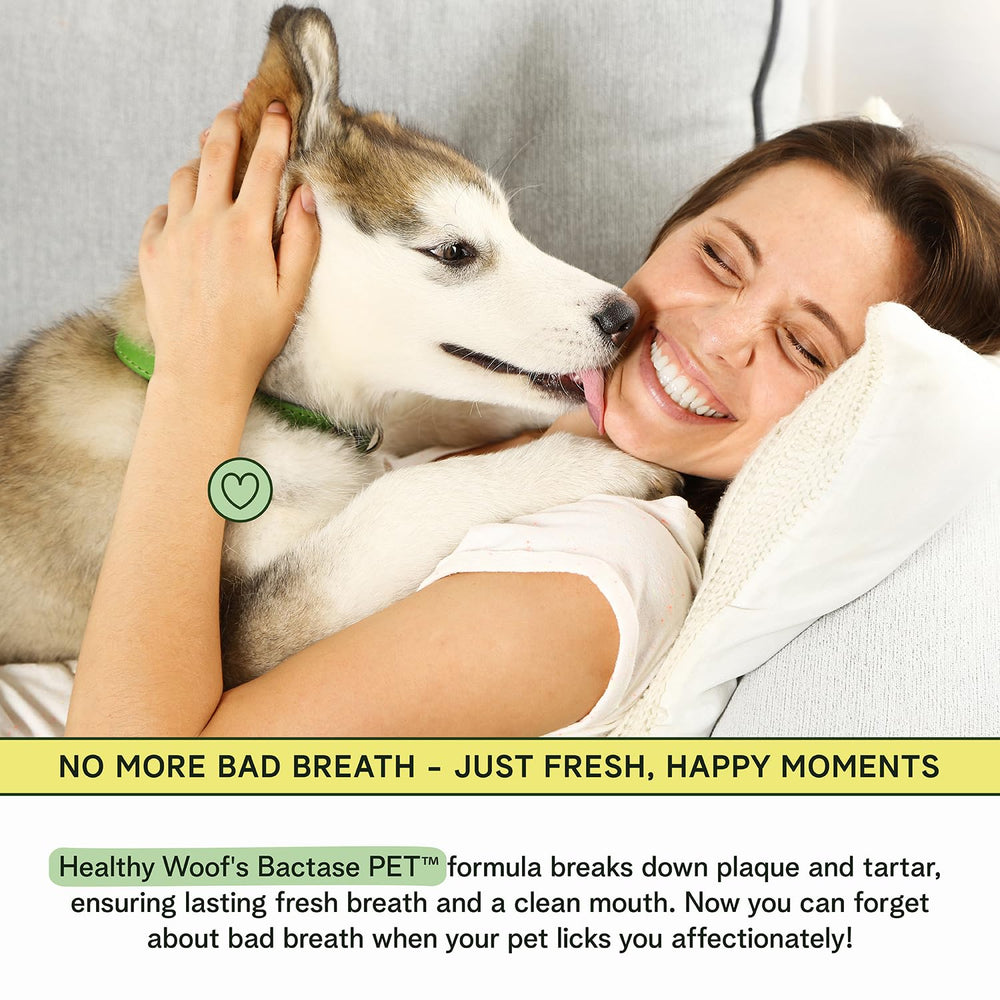 Healthy Woof easy-dog-dental-care-use demonstrating simple sprinkles on food for convenient care