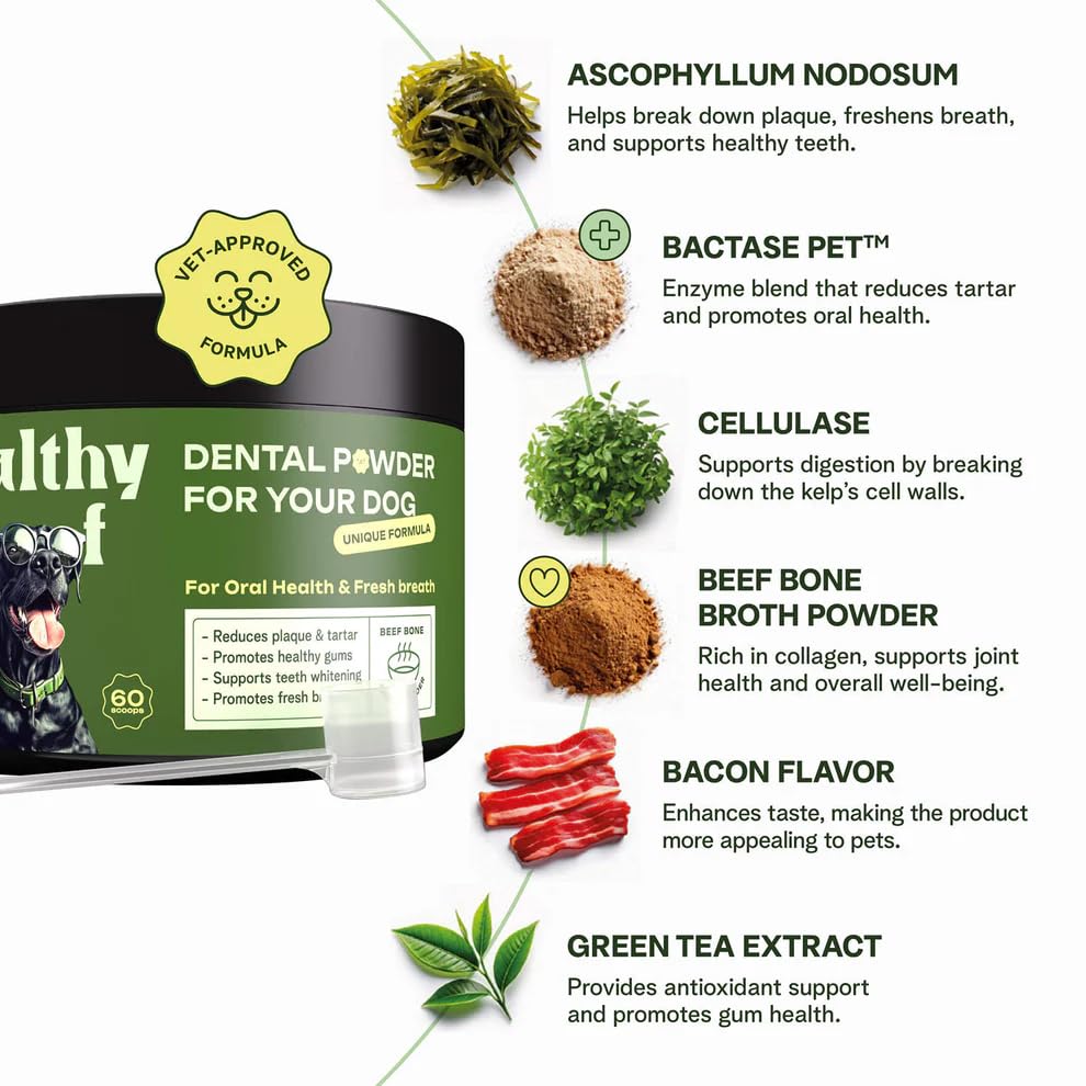 Healthy Woof ingredients kelp and green tea showcase natural plaque-fighting components
