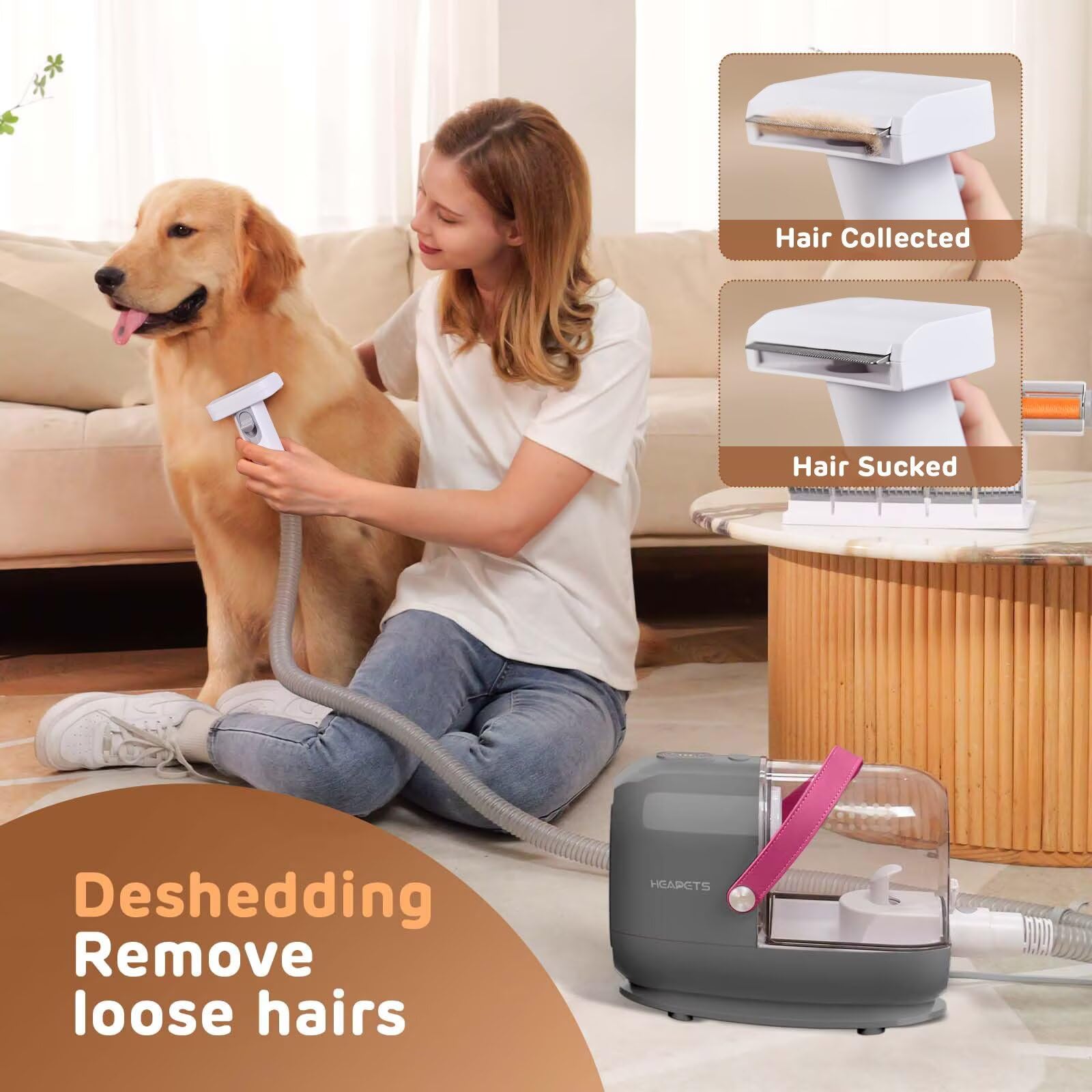 HEAPETS cleaning brush and nozzle capture loose fur from furniture and floors for a cleaner home.