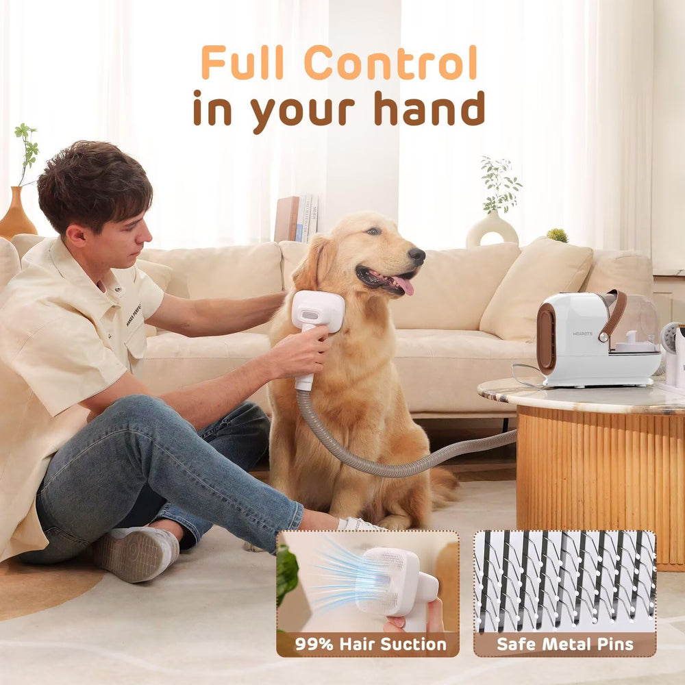 HEAPETS deshedding brush helps reduce loose fur from furniture.