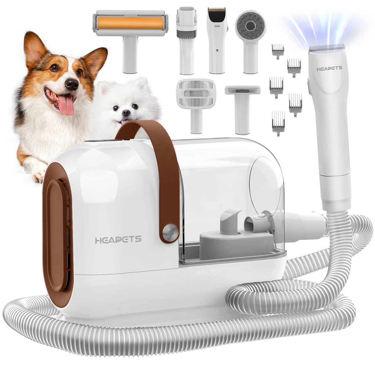 HEAPETS dog grooming vacuum kit 3L dust bin captures fur during trimming.
