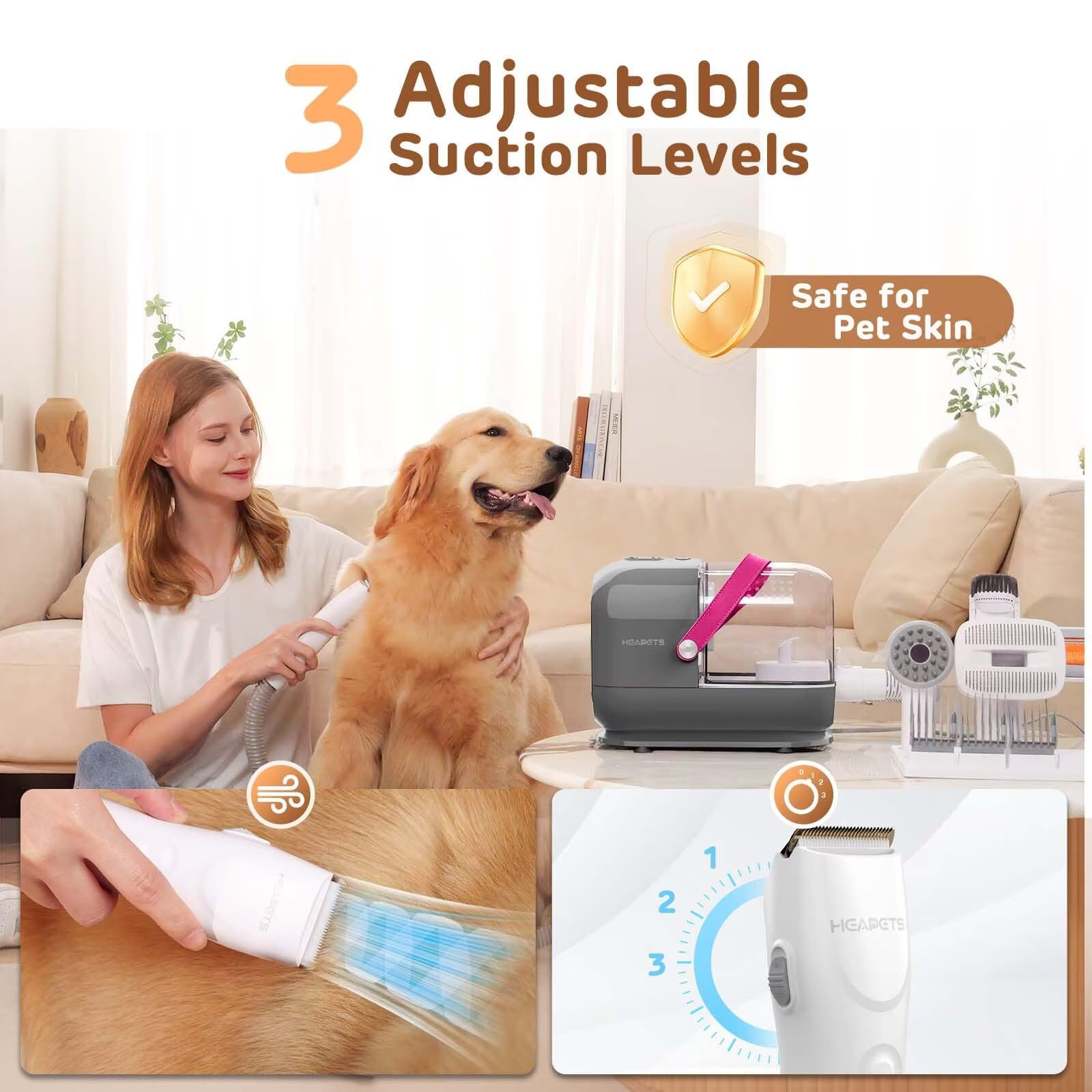HEAPETS dog grooming vacuum kit tools layout for versatile at-home grooming.
