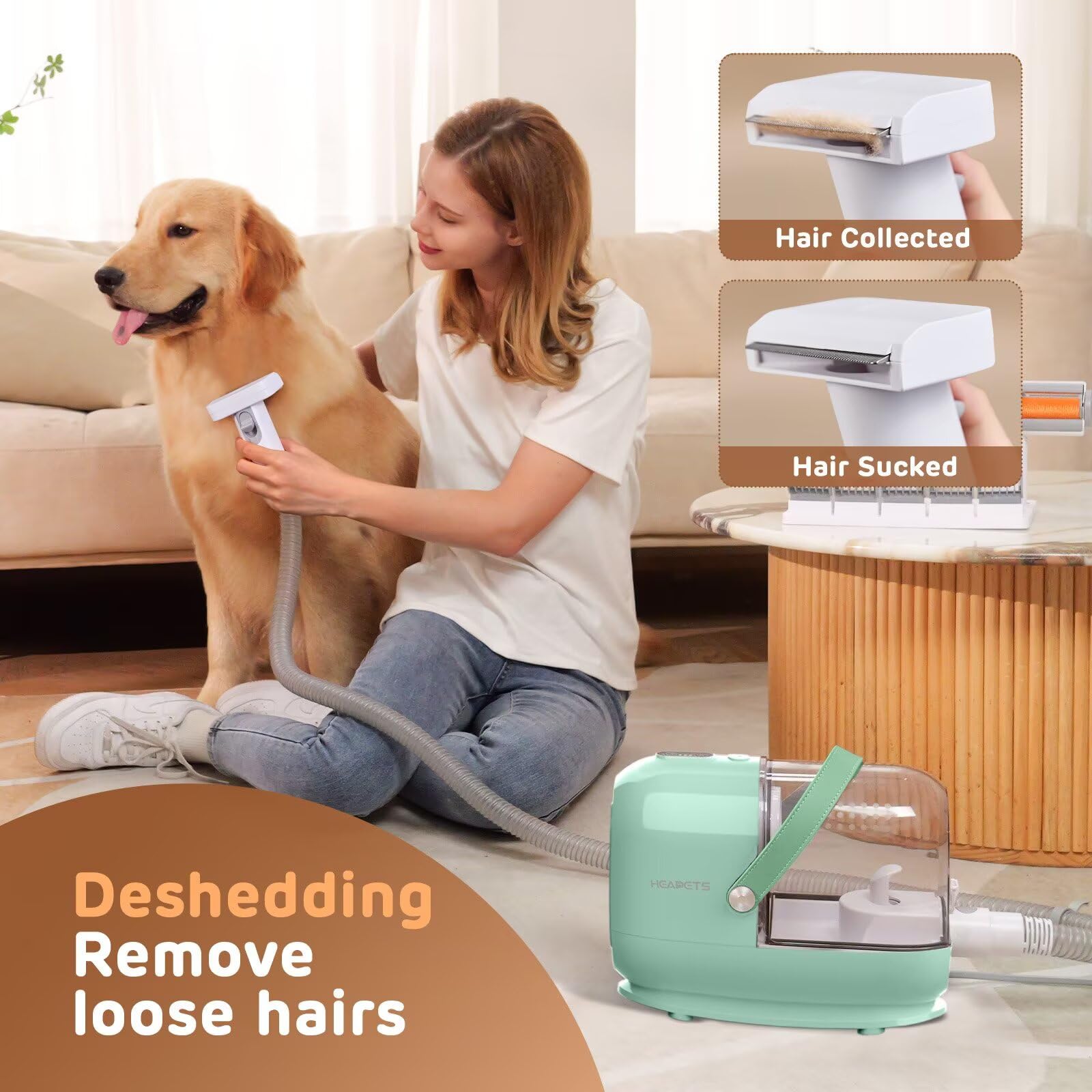 HEAPETS nozzle and brushes simplify cleaning sofas and carpets after grooming