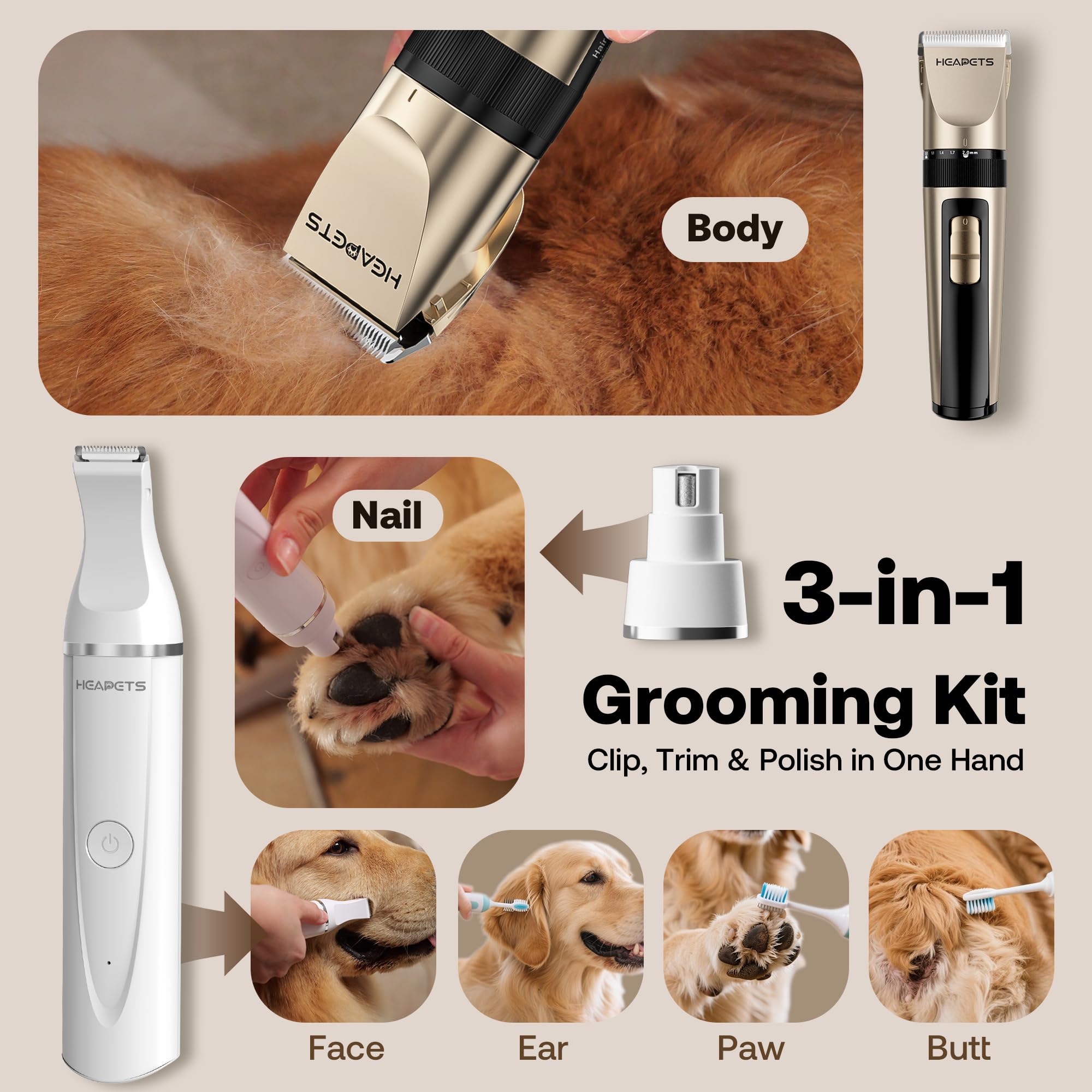HEAPETS dog nail grinder closeup showing safe, smooth paw nail polishing.