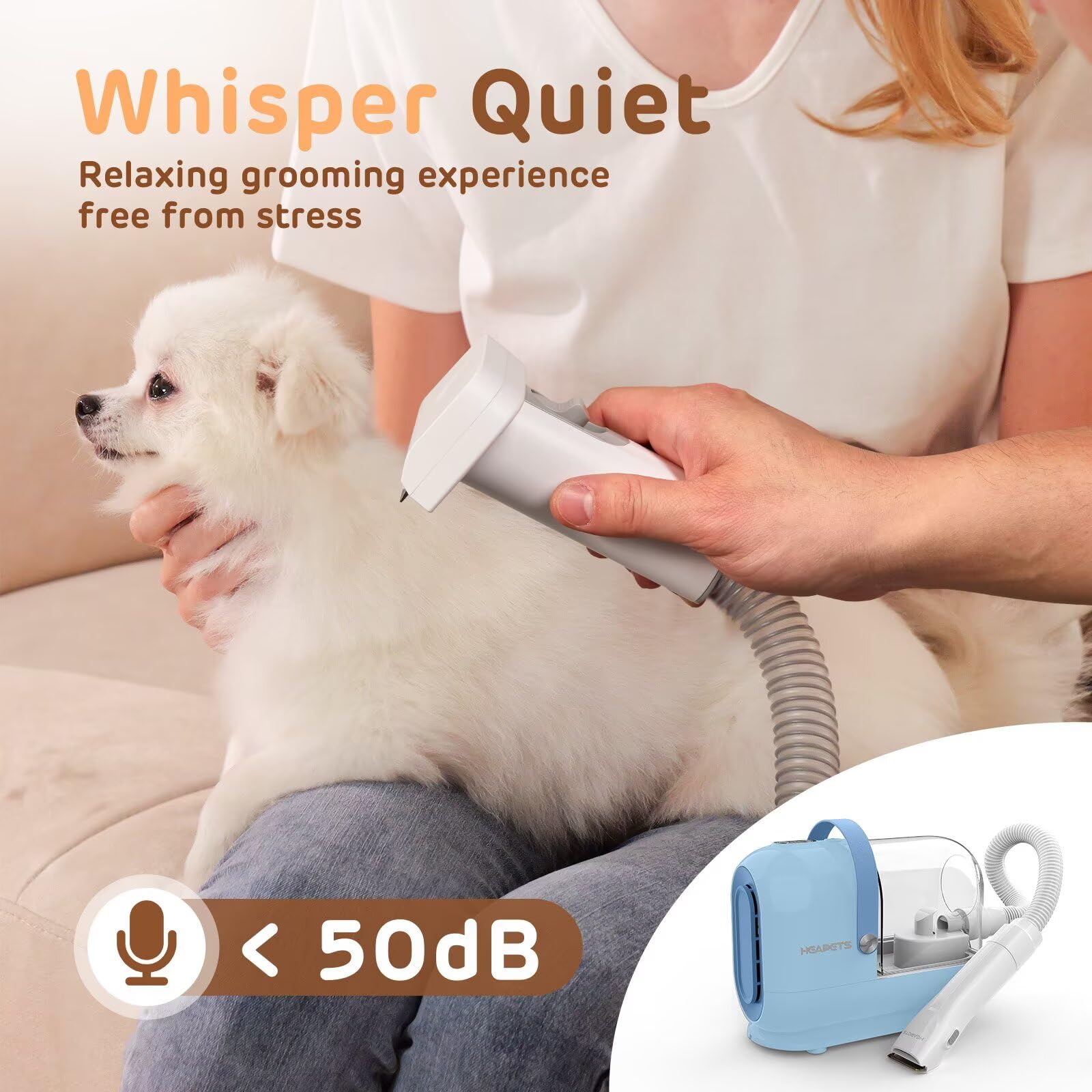 HEAPETS grooming kit with adjustable suction levels helps keep pets calm during sessions.