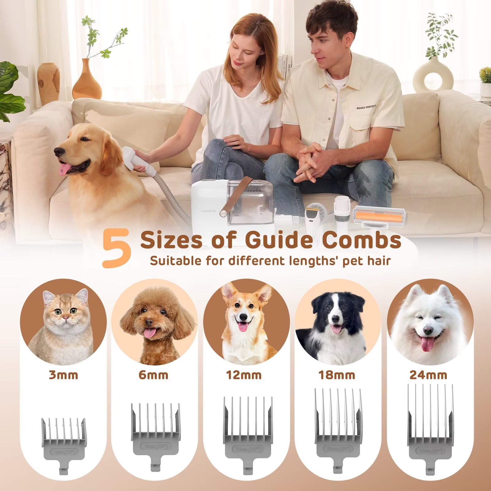 HEAPETS low-noise grooming vacuum minimizes pet stress during care.