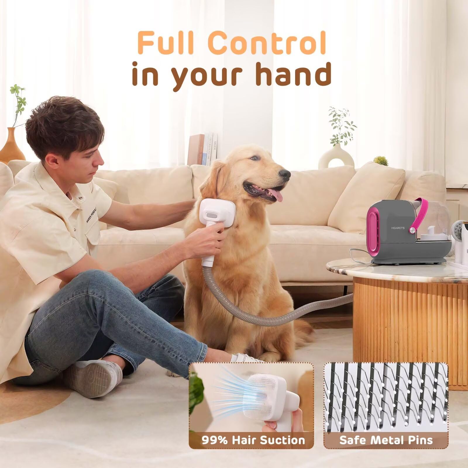 HEAPETS massage comb used during grooming for a calm, relaxed pet.