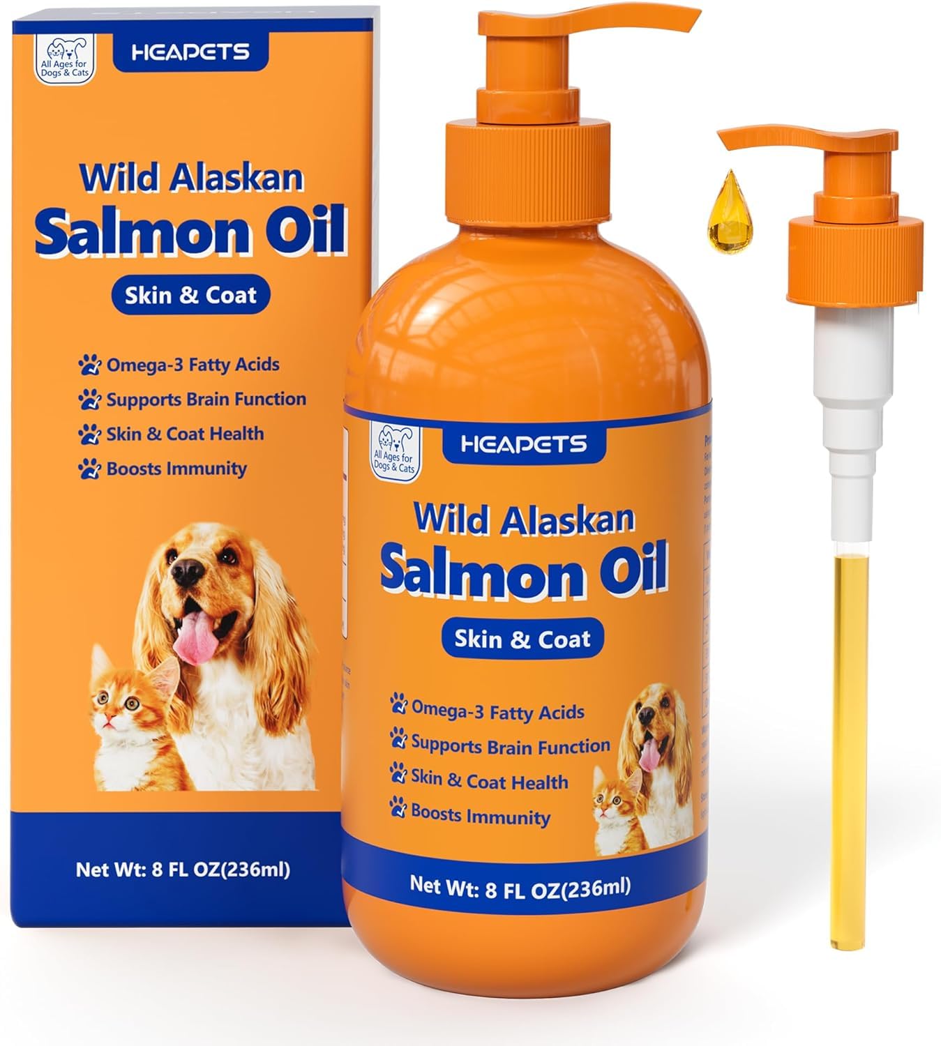 HEAPETS Wild Alaskan Salmon Oil bottle cap for easy dosing and skin support.