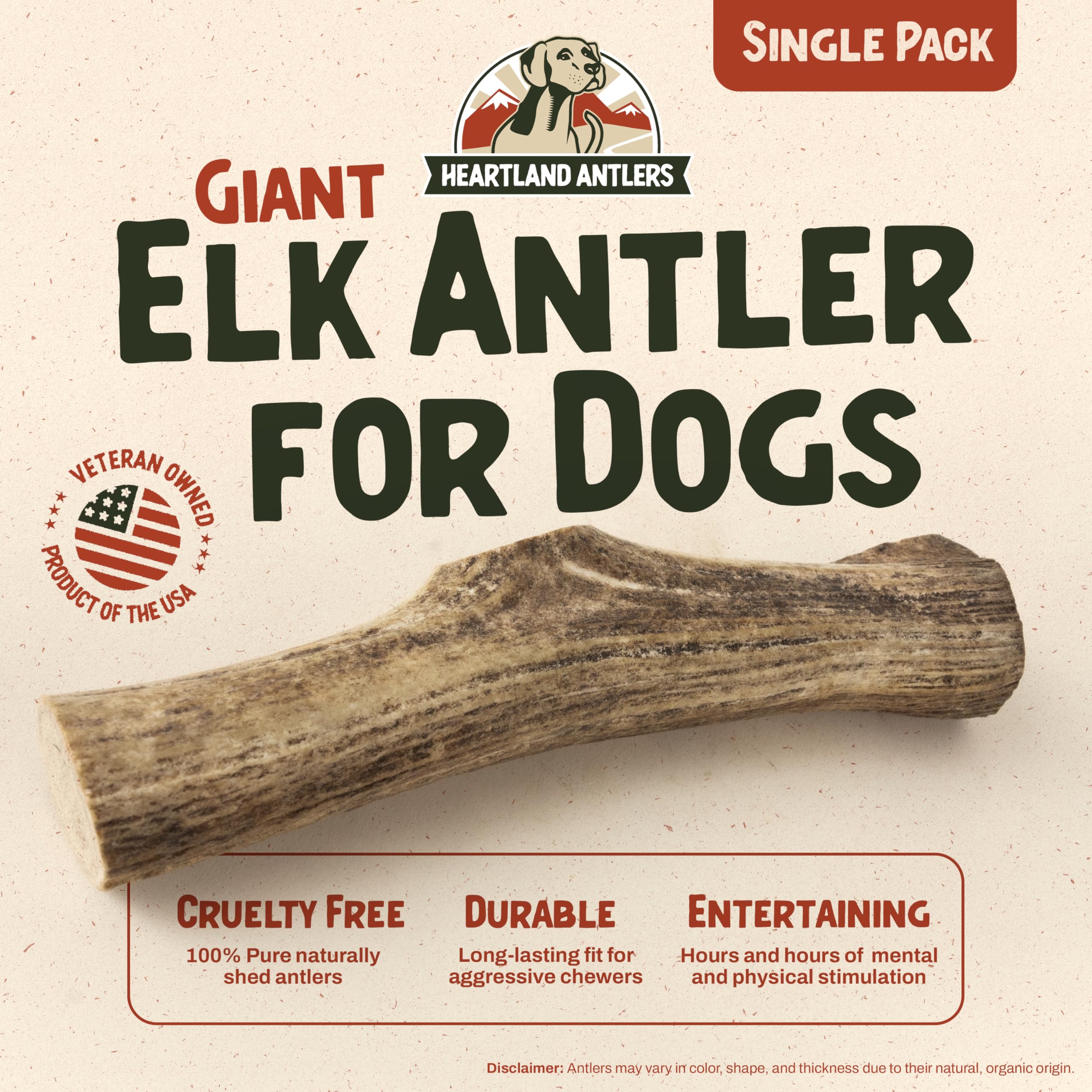 Heartland Elk Antlers for dogs, splinter-free 9-inch chew for safe, mess-free indoor chewing.